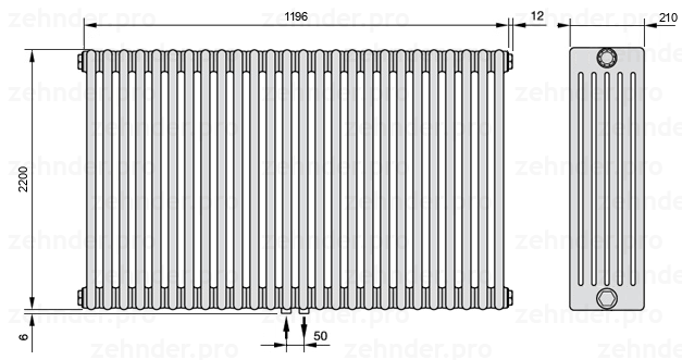 Схема (чертеж) Радиатор Zehnder Charleston 6220/26 №3470 Белый глянцевый RAL 9016